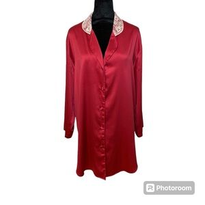 Vintage Victorias Secret Small Sleep Night Shirt Red Lace Collar Gold Label Robe